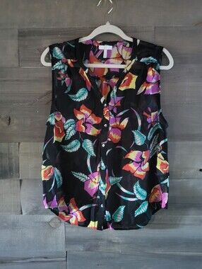 Joie 100% Silk Black Sheer Saturated Floral Feminine Button-Up Top Large